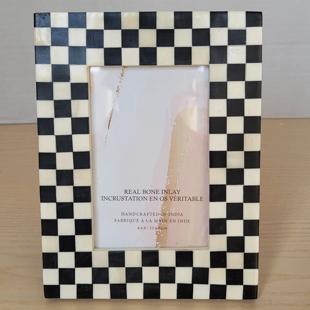 Shaila Anant Black White Check Bone Inlay and Wood Checkered Picture Frame 4 x 6